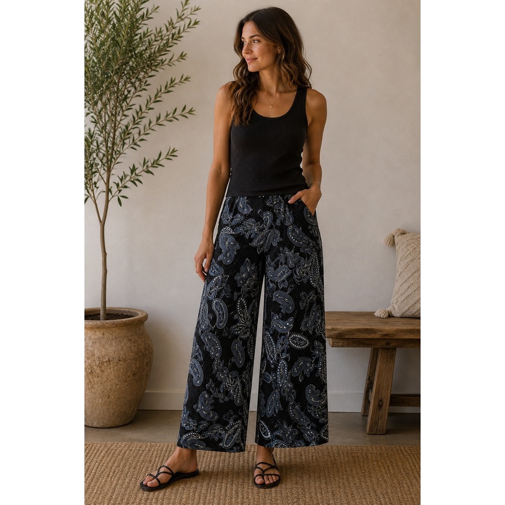 Ann Taylor Factory Paisley Wide Leg Pants Black Blue Size 12 Pin Dot